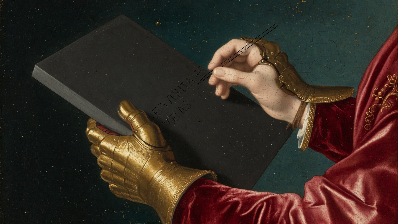Hands in gold armour writing on a black tablet