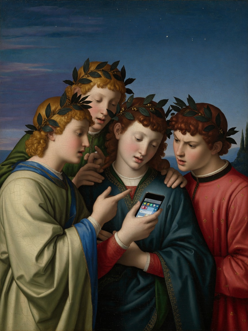 Renaissance youths gathered around a smartphone