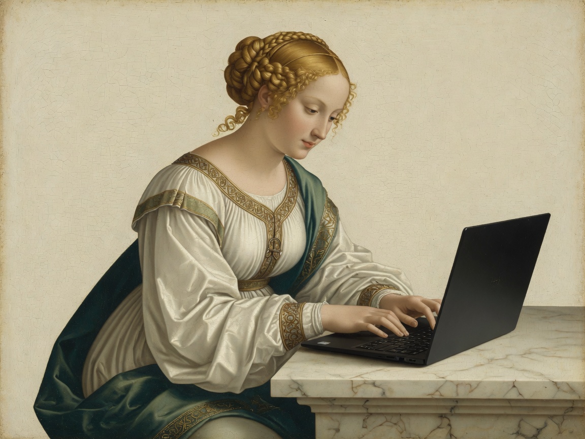 Renaissance painting of a woman in white silk robes working at a modern laptop