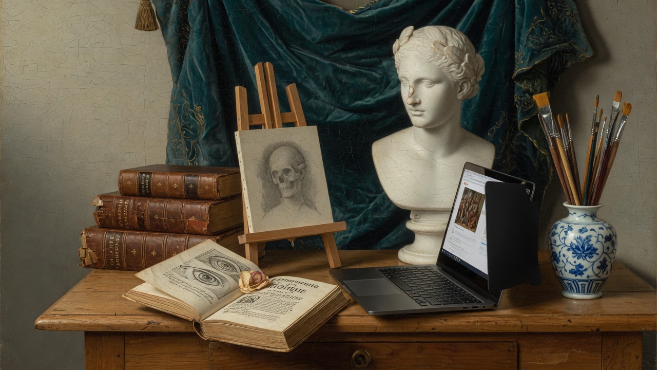 Renaissance still life with books, marble bust and a modern laptop