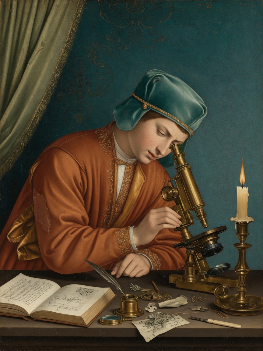 Renaissance scholar peering into a brass microscope